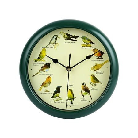 kowaku 25cm Musical Birds Wall Hanging Sound Clock Room Decoration Decorative Green Frame Melody Clock for Bedroom Housewarming Gift