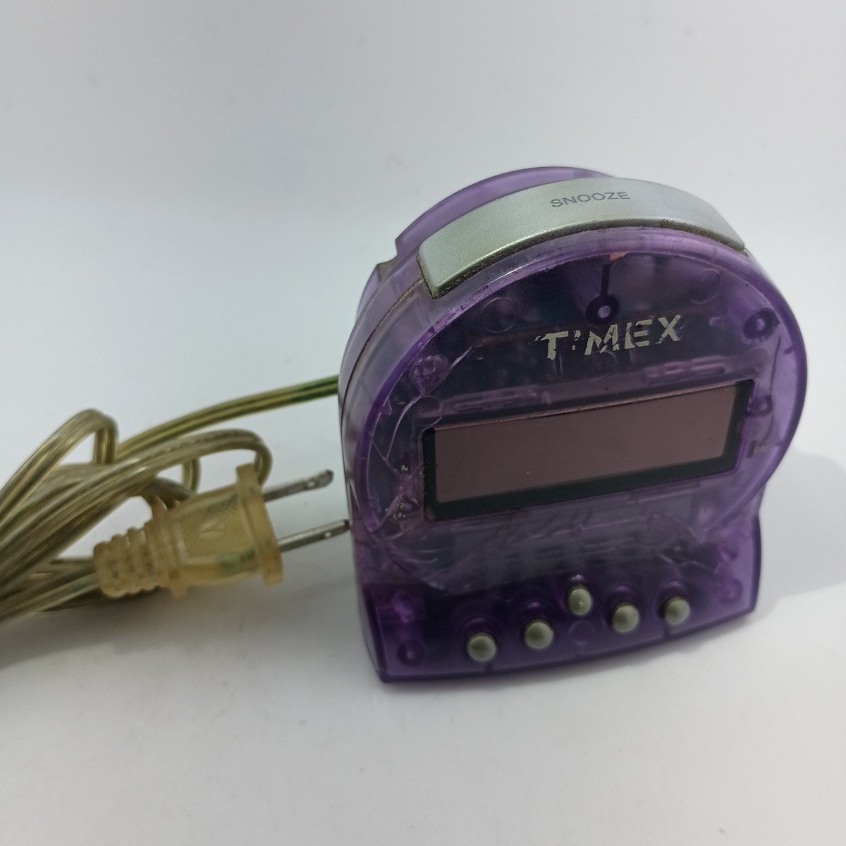#K)Timex T112P Digital Alarm Clock Transparent Purple Retro Bat Backup Tested