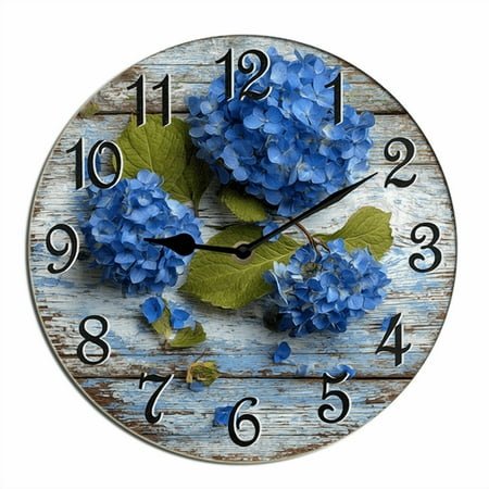 Kurmntregon Blue Hydrangea Wall Clock Summer Floral Wooden For Kitchen Bathroom Silent Non Ticking Decorative Clock Battery Operated Home Office Living Room Decor Round 10