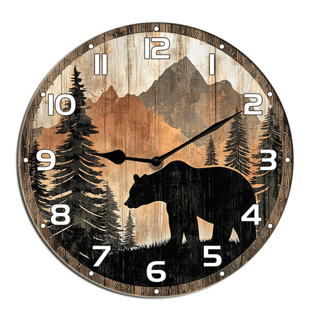 Kurmntregon Cabin Bear Wall Clock Black Bear Forest Wildlife Mountain Lodge Wooden Bathroom Clock Battery Operated Non Ticking Silent Clocks Living Room Decorative Decor Round 10