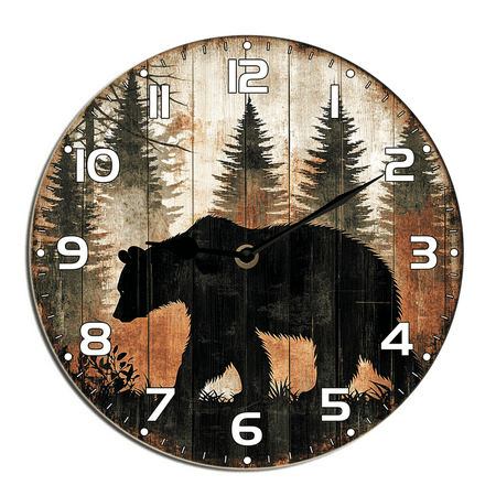 Kurmntregon Cabin Bear Wall Clock Black Bear Forest Wildlife Mountain Lodge Kitchen Living Room Silent Non-Ticking Decorative Clock Battery Operated Bedroom Home Decorative Round 10