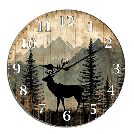 Kurmntregon Cabin Deer Wall Clock Deer Elk Forest Wildlife Mountain Lodge Silent Non Ticking Wooden Clocks Decorative Battery Operated For Bedroom Kitchen Living Room Bathroom Round 10