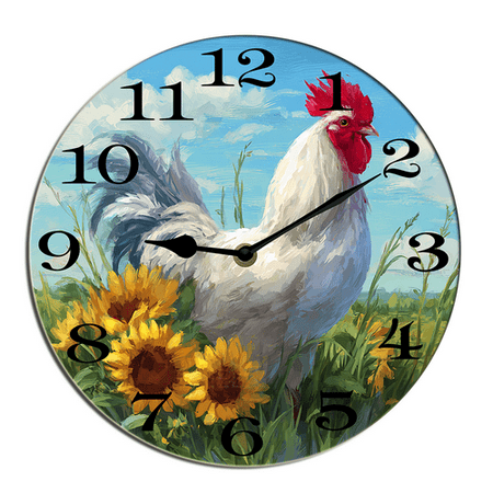 Kurmntregon Cute Rooster Wall Clock Chicken Kitchen Wooden Silent Non Ticking Battery Operated Rustic Farmhouse Kitchen Clocks Decorative For Living Room Bedroom Office Round 10