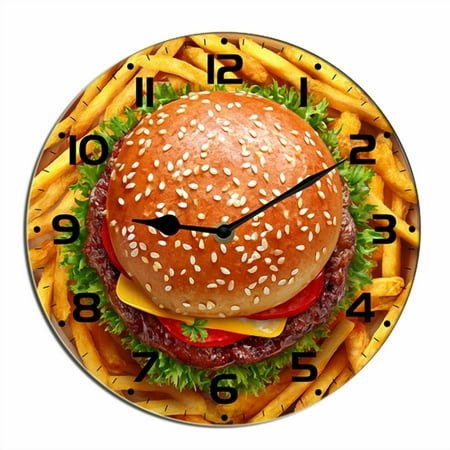 Kurmntregon Hamburger Wall Clock French Fries Fast Food Wooden Silent Non-Ticking Desk Clock Decorative For Living Room Home Office School Wall Decoration Shop Hotel Round 10