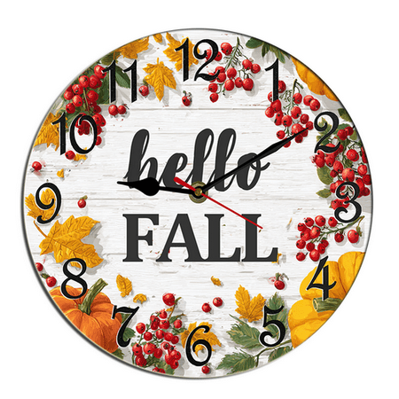 Kurmntregon Hello Fall Wall Clock Autumn Maple Leaves Wooden Decorative Wooden Battery Operated Quartz Silent Hanging Clock For Bedroom Living Room Kitchen Coffee Bar Round 10