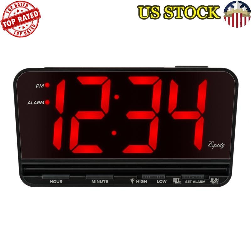 Large 3 in. Red LED Electric Alarm Clock Hi/Lo Display Brightness Battery Backup