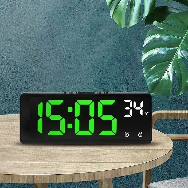 Large Digital Alarm Clock LED Voice Control Temperature Dual Alarm Snooze 12/24H