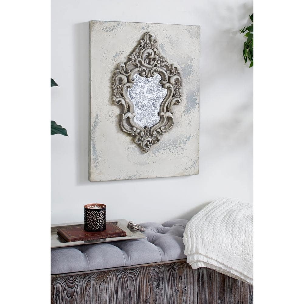 Large Gray and Beige Antique Frame with Damask Print Wooden Wall Art