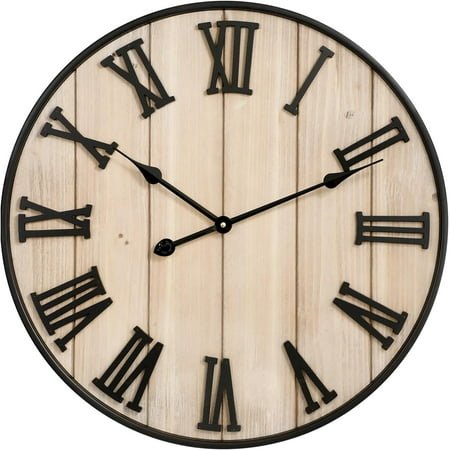 Large Rustic Wooden Wall Clock, 24 Inch Farmhouse Wall Clock with Carved Roman Numerals, Silent Battery Operated Round Vintage Clock for Living Room, Kitchen, Bedroom, Study Room
