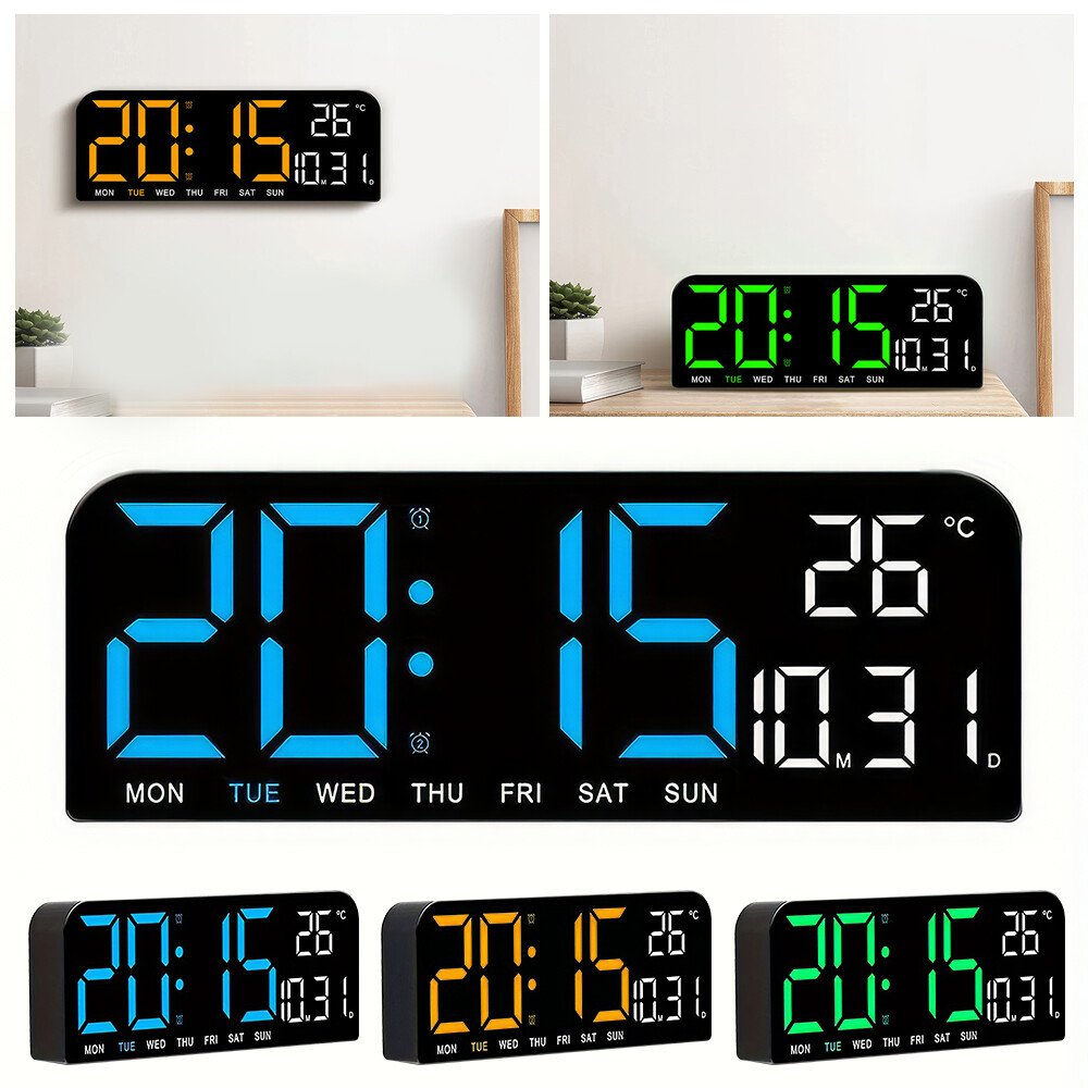 Large Screen Digital Wall Clock Brightness Adjustable Temperature Calendar Alarm