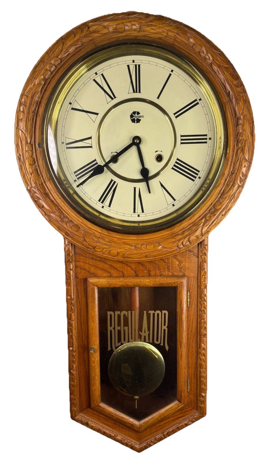 Large Vintage Heavily Carved Regulator Schoolehouse Wall Clock Fully Serviced