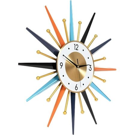 Large Wall Clock 22'' Modern Big Wall Clock Starburst Mid-Century Decor Non-Ticking Silent Quartz Movement Clock Home Decorations for Living Room Dining Room Bedroom Cafes Hotels (Colorful)