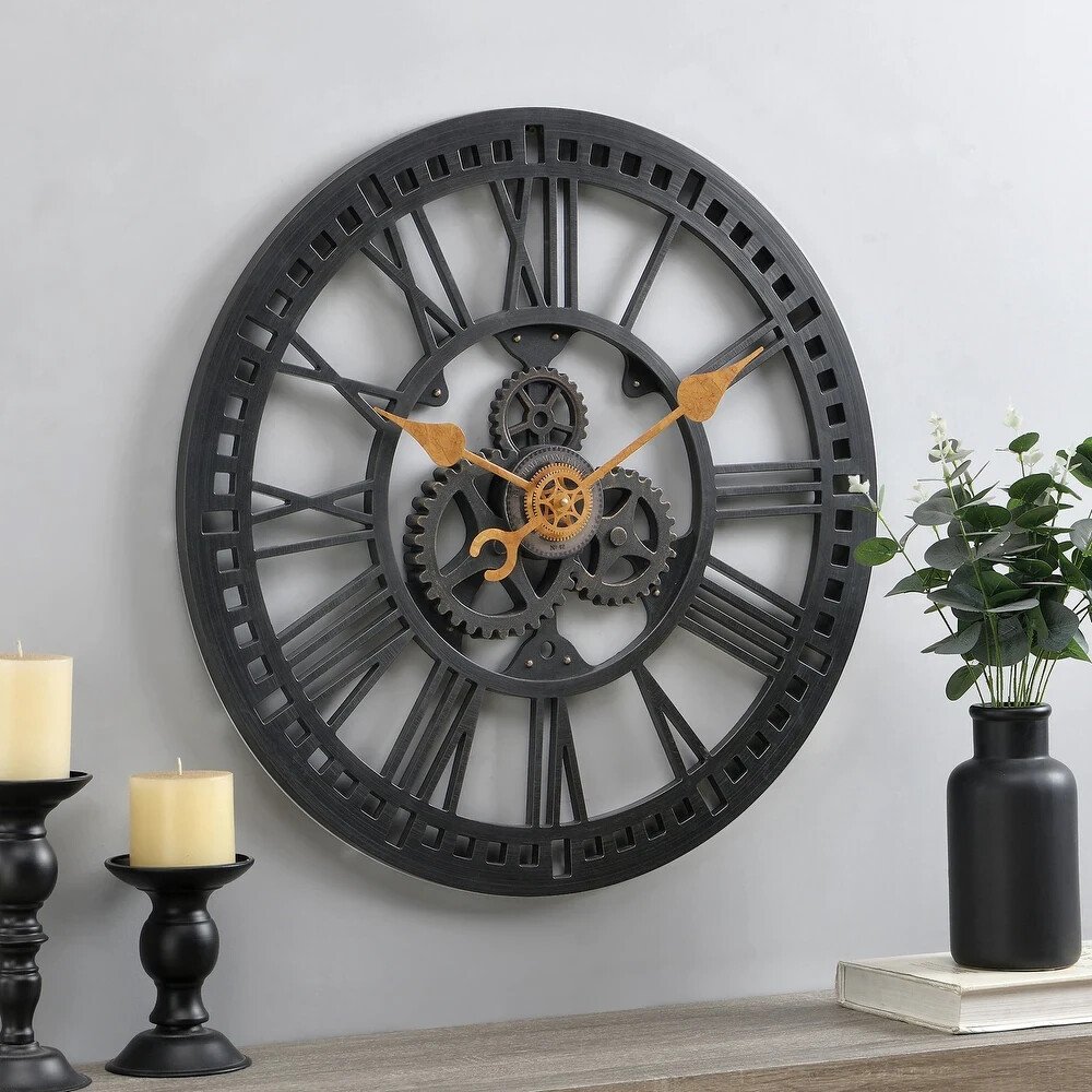 Large Wall Clock Gears Open Face Steampunk Industrial Vibe Lightwgt Plastic 24