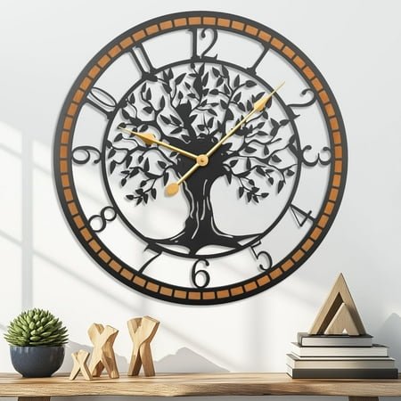 Large Wall Clock,Silent Tree of Life Wall Clock,Non-Ticking Battery Operated Decorative Wall Clock with Wood Frame for Living Room, Kitchen, Bedroom, or Office Wall Decor (24/60CM)