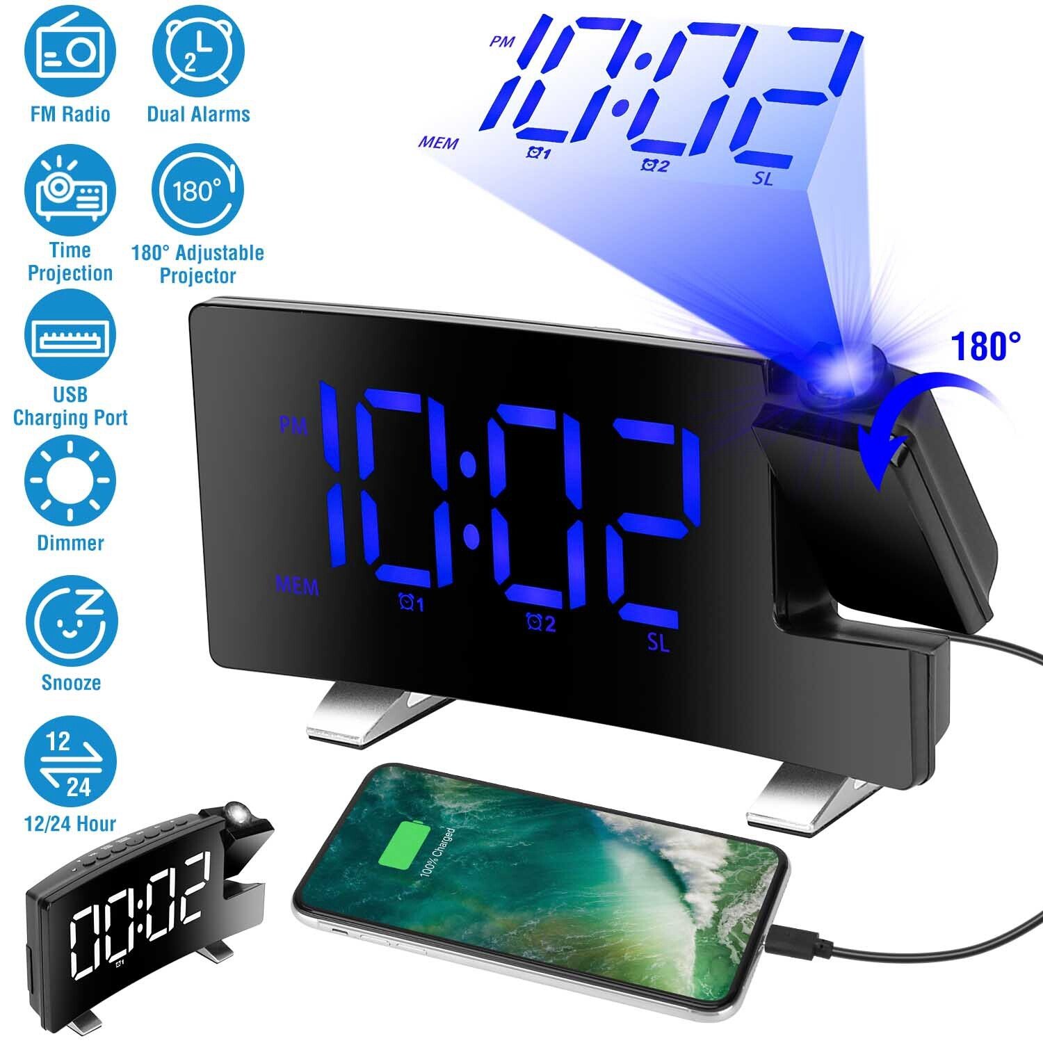 LED Digital Projector Rotatable Projection Snooze Dual Alarm Clock FM Radio USB