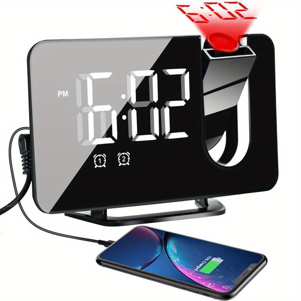 LED Display Projection Alarm Clock Snooze Digital Dual Alarm Clock FM Radio USB