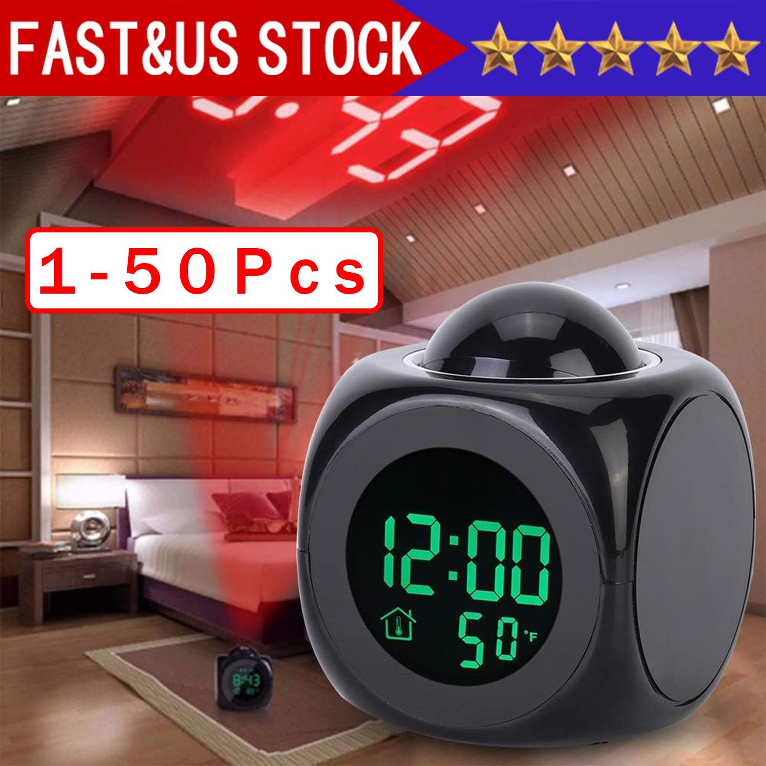 LED Projection Alarm Clock Digital LCD Display Voice Talking Weather Snooze USB