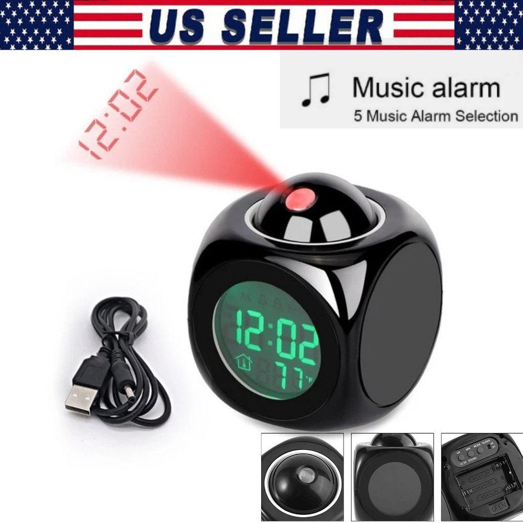 LED Projection Alarm Clock Digital LCD Display Voice Talking Weather Snooze USB