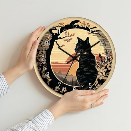 Lookout Cat Silent Wall clock - Japanese ukiyo-e painting style - Wall Decor - For Cat Lover - Bedroom Clock - Hanging Clock - Unique Clock