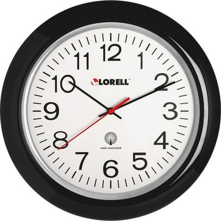 Lorell 13-1/4 Radio Controlled Wall Clock - Analog - Quartz - White Main Dial - Black/Plastic Case | Bundle of 5 Each