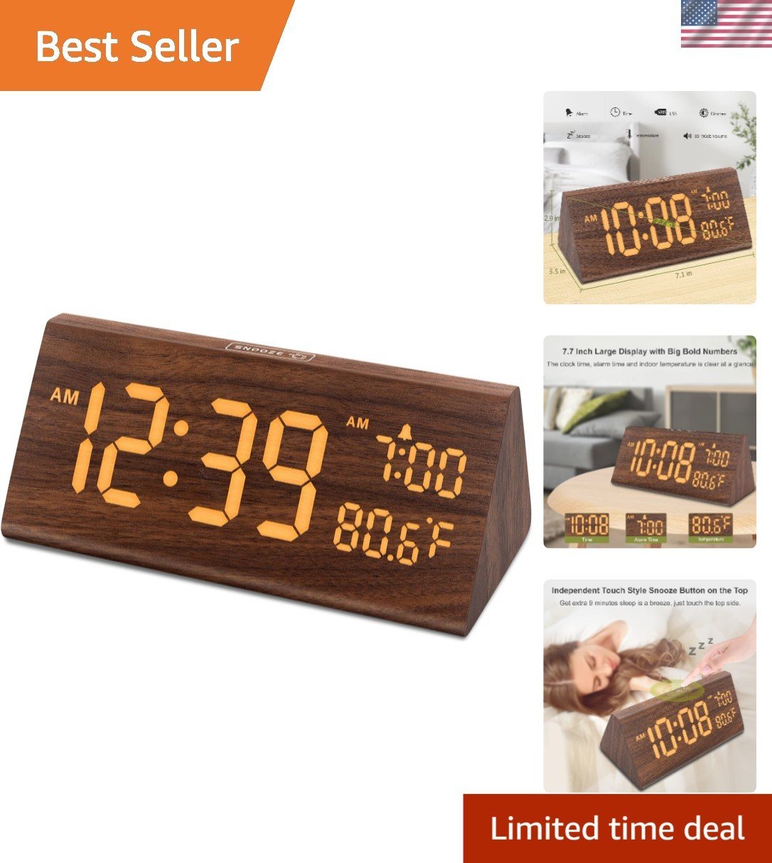 Luxury Wooden Digital Alarm Clock - 0-100% Brightness & Adjustable Alarm Volume
