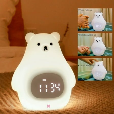 MagicXflow Alarm Clock,Alarm Clock Wake Up Light,Cute Bear Night Light, Alarm Clock for Children with USB Rechargeable, Silicone Touch Control LED Nightlights for Children's Bedroom, Birthday Gifts