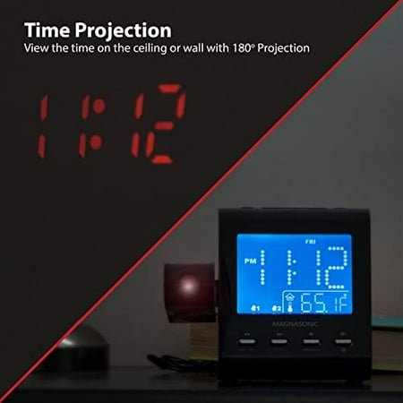 Magnasonic Projection Alarm Clock with AM/FM Radio, Battery Backup, Auto Time Set, Dual Alarm, Nap/Sleep Timer, Indoor Temperature/Date Display with Dimming & 3.5mm Audio Input - W