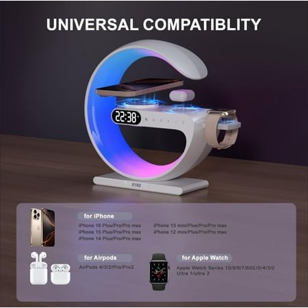 Magnetic 5 in 1 Speaker Alarm Clock with Wireless Charger, Adjustable Night Light, Gift for Family/Friends (White)