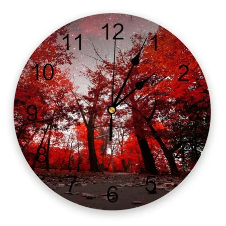 Maple Leaves Red Forest Starry Sky Wall Clocks Home Decoration Silent Round Wall Watches for Home Living Room Kitchen Wall Decor（12 Inch）
