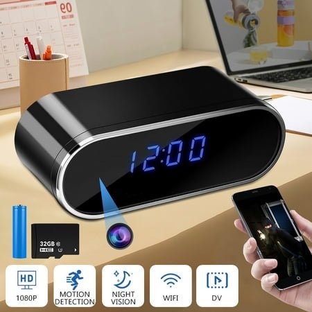 MDHAND Mini Camera Clock HD 1080P Smart Clock with Night Vision for Home, Office, Store Security with 32G SD Card