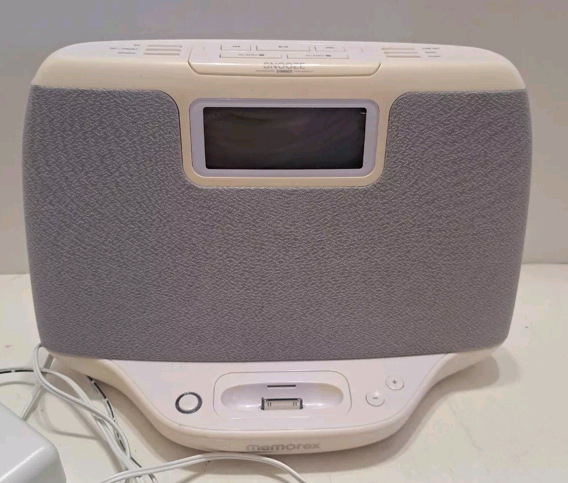 Memorex Digital FM Alarm Clock Radio iPod iPhone Apple Docking Mi4021pwht Works