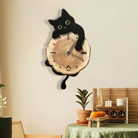 menolana Cat Wall Hanging Clock Animal Decorative Clock for Kids Room Bedroom Black