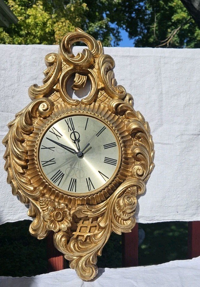 Mid-Century Elgin Gold Ornate Swirl Sun Wall Clock Greek Italian Floral Look