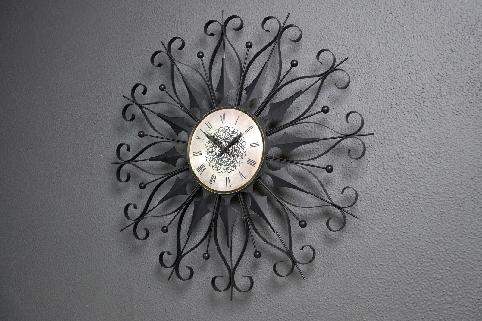 Mid Century Modern Elgin Black Wrought Iron Star Burst Clock - 26”