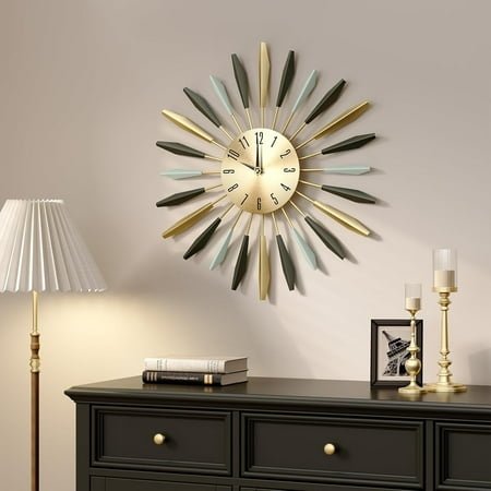 Mid Century Wall Clock, Large Metal Decorative Clock Silent Battery Operated, Colorful Sunburst Starburst 28 Inch Wall Clocks for Living Room Kitchen Bedroom Office
