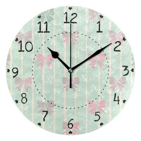 Mint Green Stripes Gardient Colored Bows Round Wall Clock Silent Analog Battery Operated Black Pointer Home Decor 9.84 Diameter
