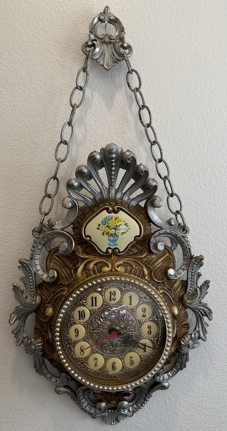 Mod Depositato Vintage Italian Baroque Resin Silver & Gold Wall Clock 26” approx