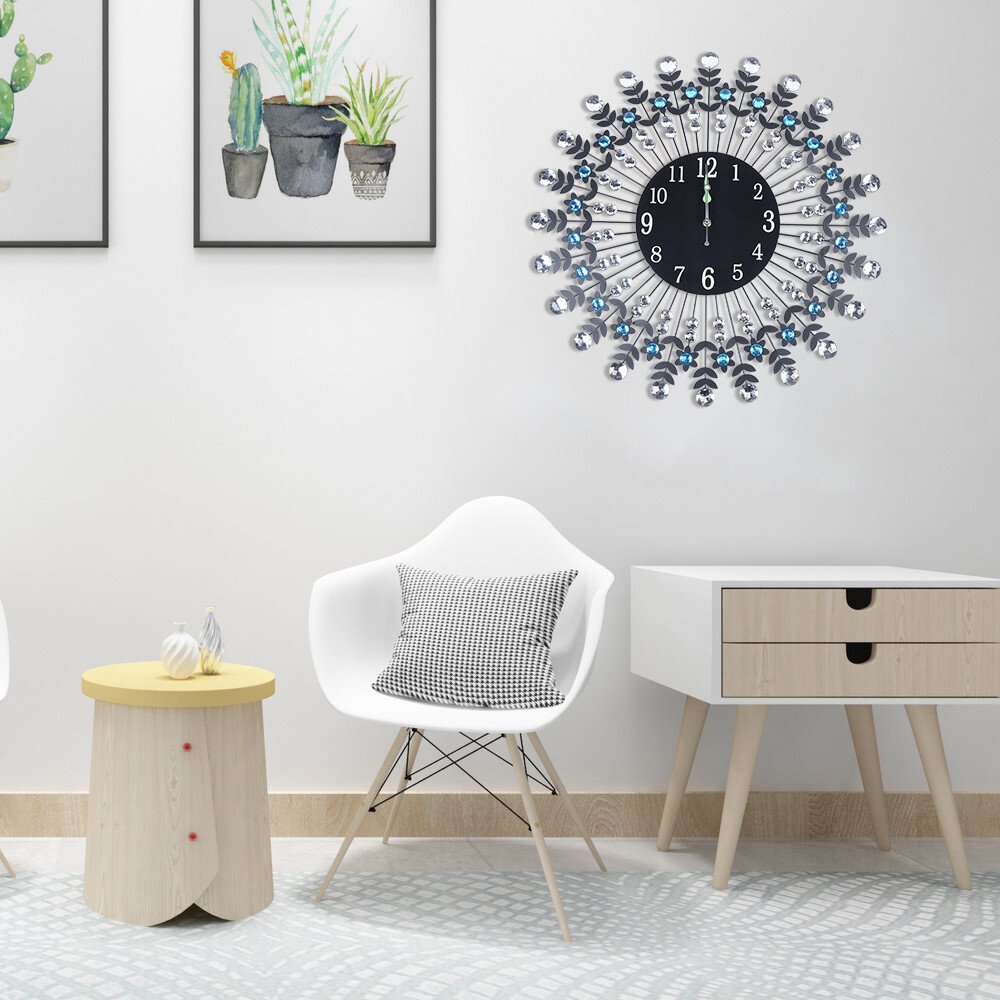 Modern Crystal Wall Clock Black 23.62inch Non Ticking Silent Clock Wall Decor