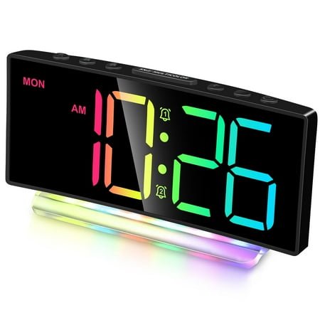 Modern Digital Alarm Clock for Heavy Sleepers, Large LED Display with 7 Color Options, Dual Alarms, USB Port, Battery Backup, s Adults Gift (Black)
