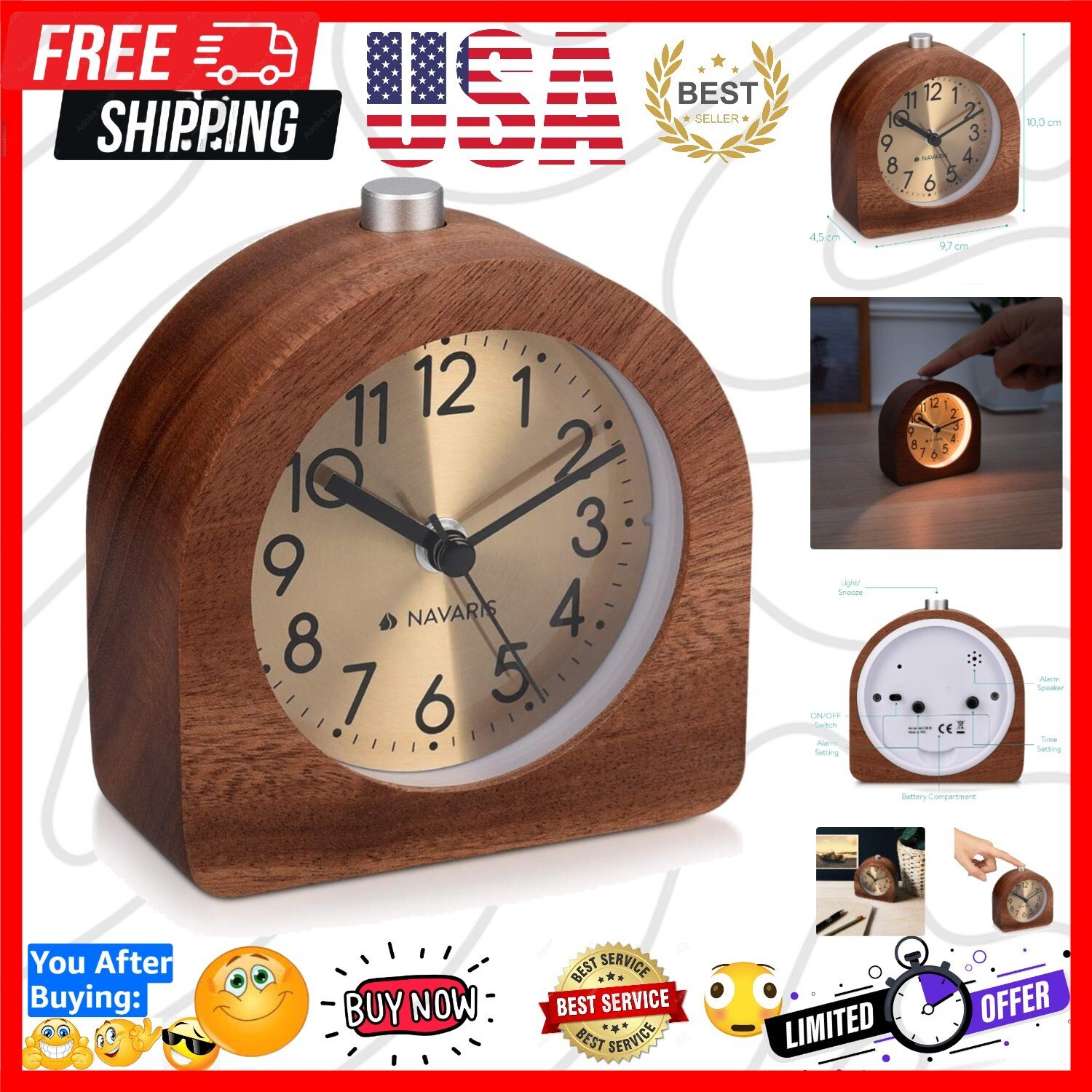 Modern Freestanding Wood Analog Alarm Clock with Gold Dial & Snooze Button