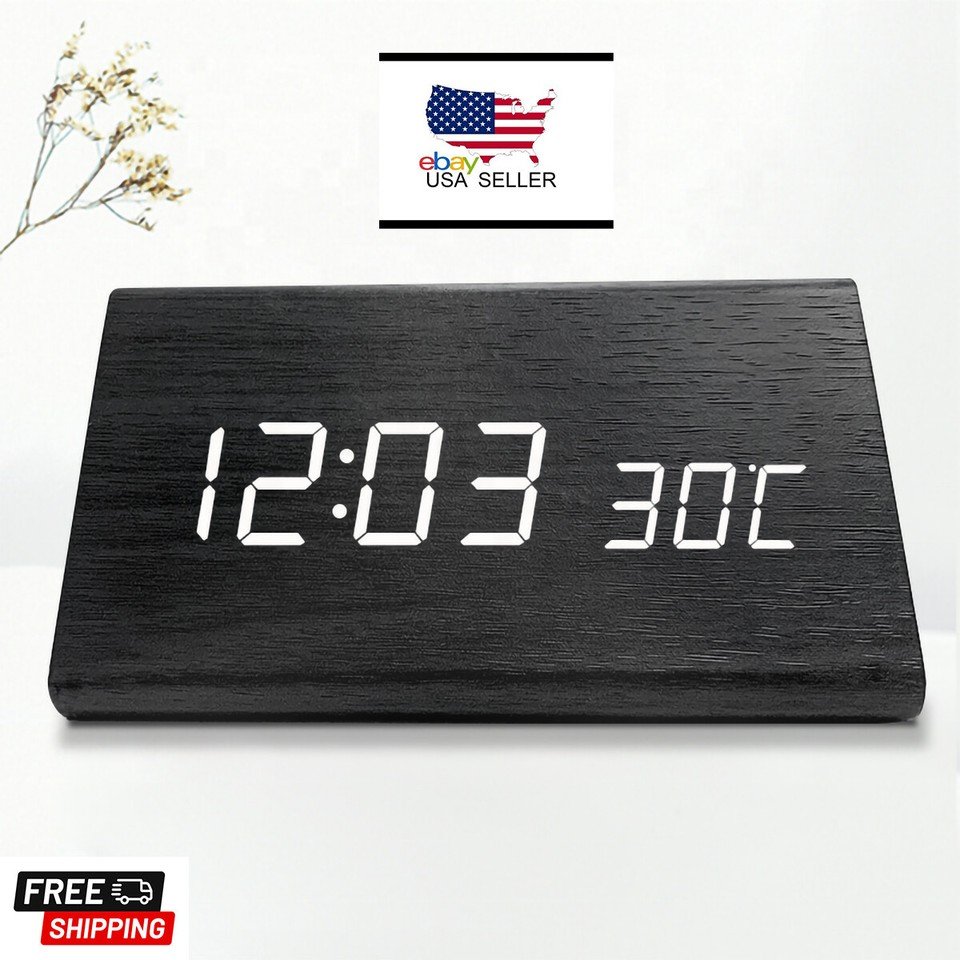 Modern Wooden Digital LED Voice Activate Alarm Clock Thermometer Timer Calendar