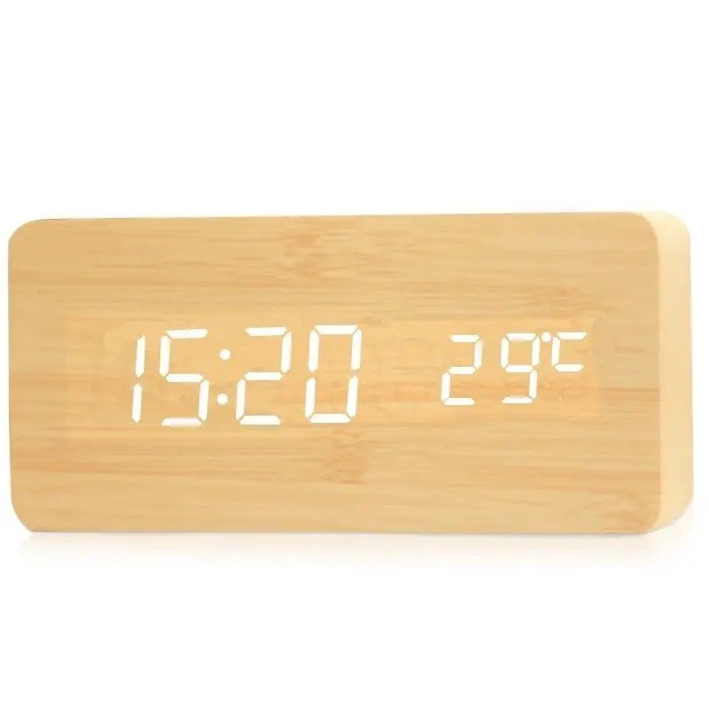 Modern Wooden Wood Digital LED Desk Alarm Clock Thermometer
