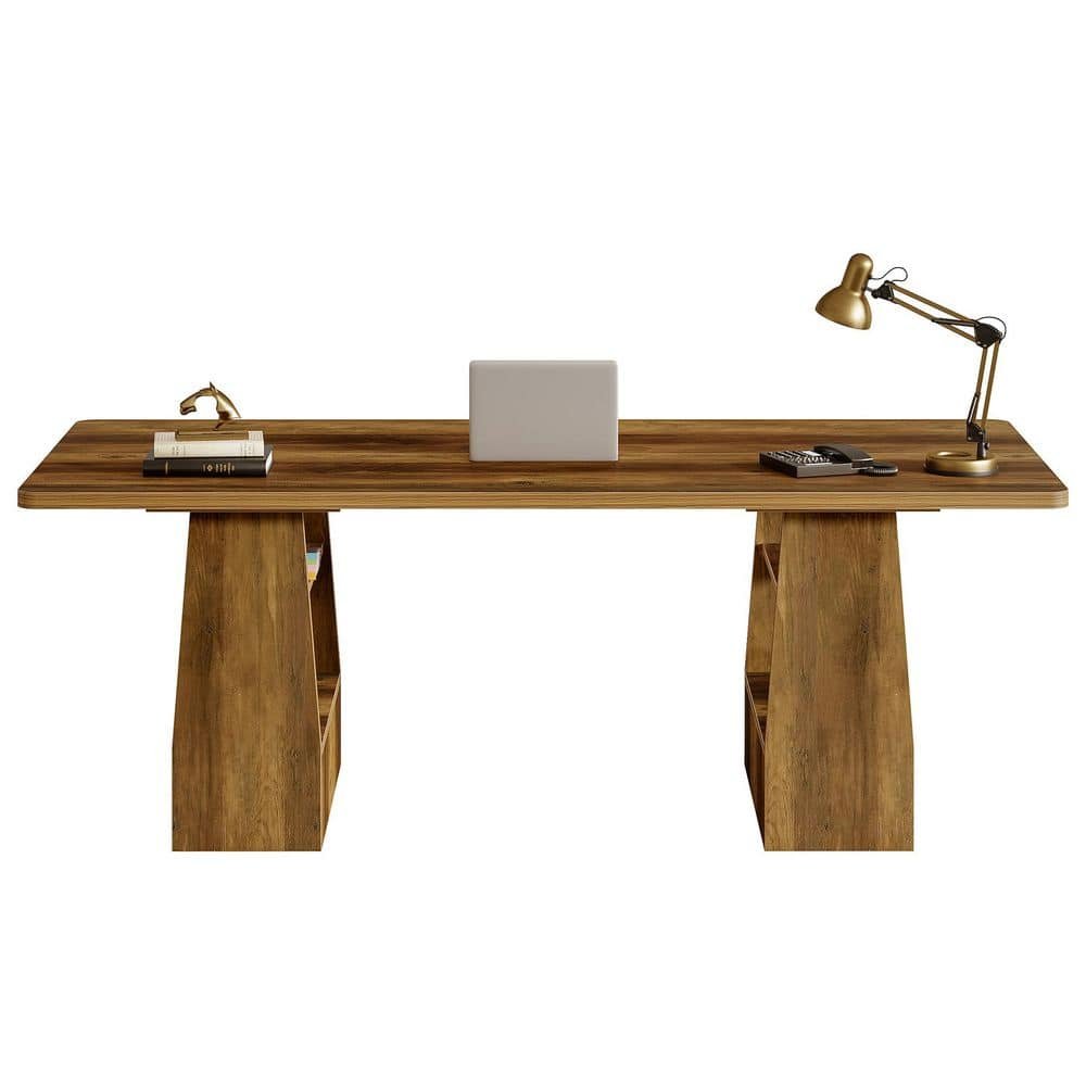 Moronia 63 in. Rectangle Brown Wood Computer Desk Executive Desk Computer Office...