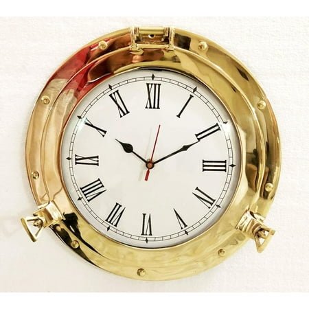 Nagina International 12 Antique Marine Solid Brass Ship Porthole Analog Clock Nautical Wall Hanging Clock Home Decor