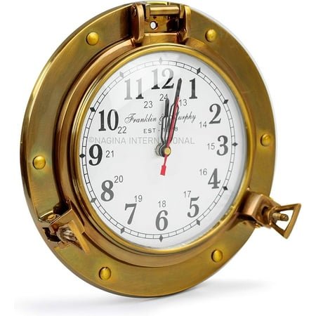Nagina International 9 Antique Brass Finished Premium Nautical Wall Decor Vintage Time's Clock | Pirate's Porthole Decorative Clock (Quart'z Roman Dial)