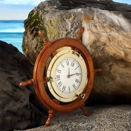 Nagina International Brass Nautical Full Porthole Tim'es Clock Ship Wheel | Pirate's Maritime Vintage Gift (30 Inches)