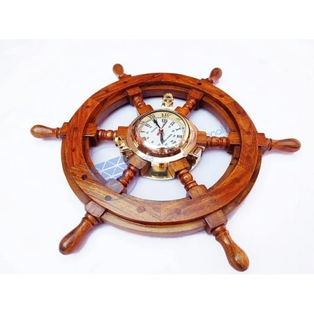 Nagina International Nautical Hand Crafted Wooden Captain's Maritime Porthole Ship Wheel Brass Quartz Clock with Roman Numerals - Home Decor - Pirate Nursery Gift (48 Inches)
