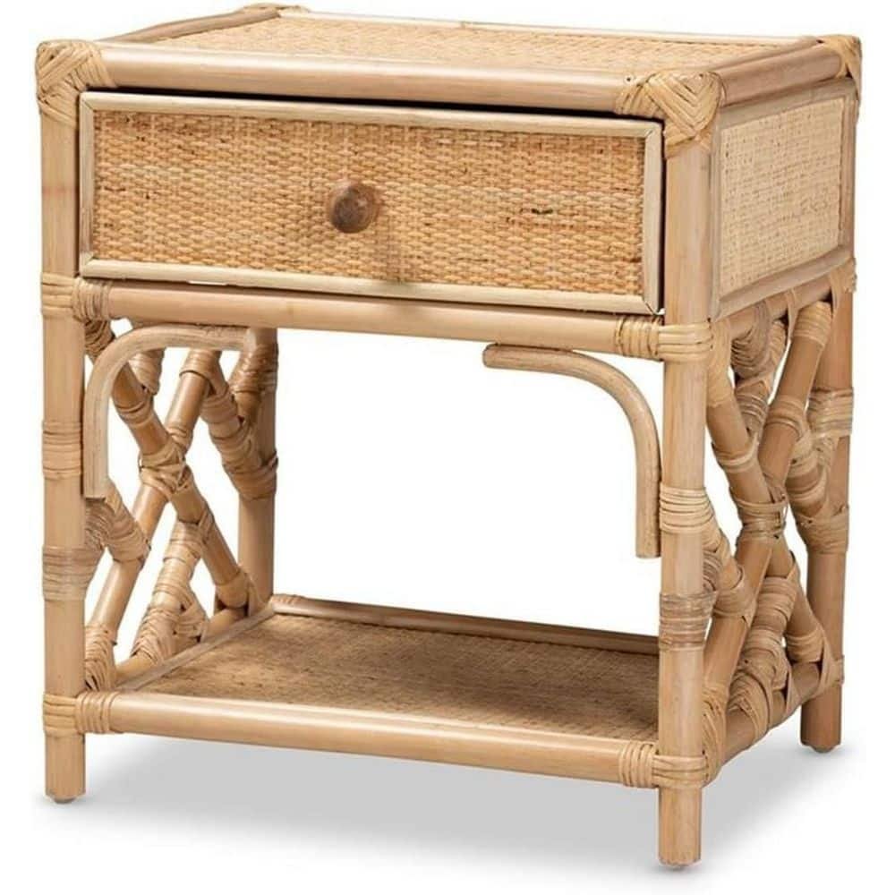 Natural Brown 1 Drawer 17.7 in. W Nightstand with Rattan Design