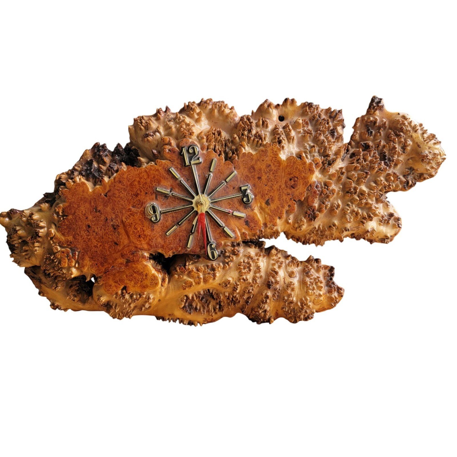 Natural Burl Wood Wall Clock With Brass Accents & Unique Grain Design