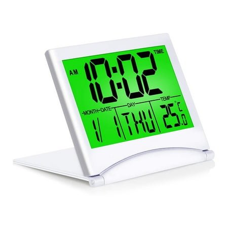 Necvior Digital Travel Alarm Clock LCD Display Clock with Backlight Calendar Temperature for Home Bedroom Traveling Kid Snooze Folding Alarm Clocks